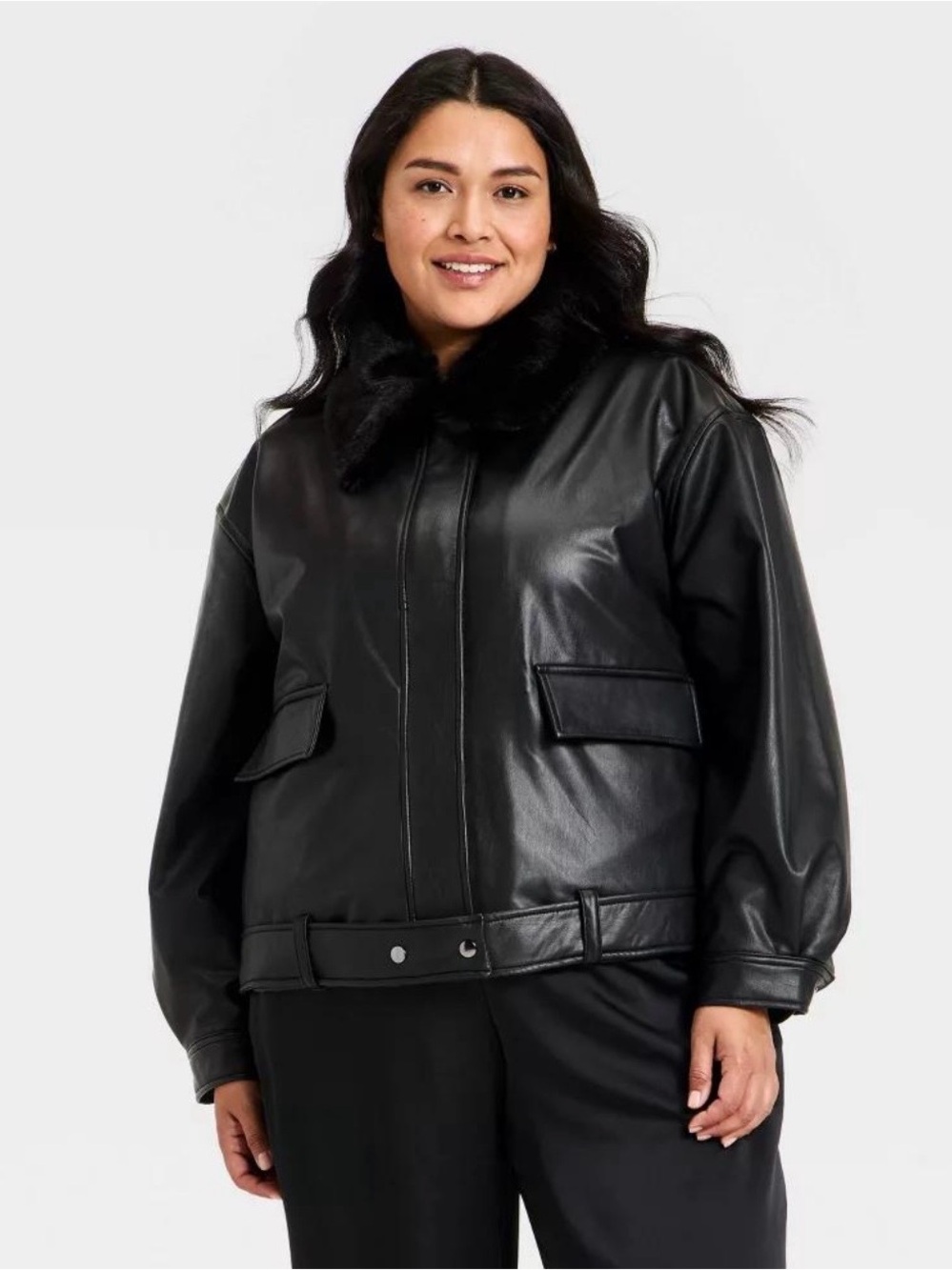 a new day Black Faux Leather Bomber Jacket with Faux Fur Collar